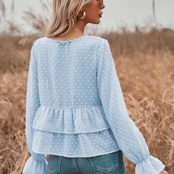 blue swiss dot ruffle babydoll long sleeve top - Picture 8 of 13